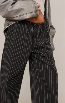 Black Pinstripe Woven Drawstring Waist Low Rise Relaxed Pants