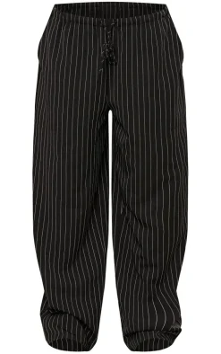 Black Pinstripe Woven Drawstring Waist Low Rise Relaxed Pants