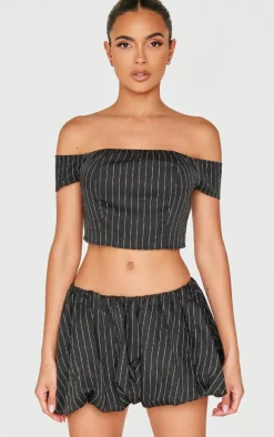 Black Pinstripe Woven Tailored Bandeau Top
