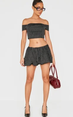 Black Pinstripe Woven Tailored Bandeau Top