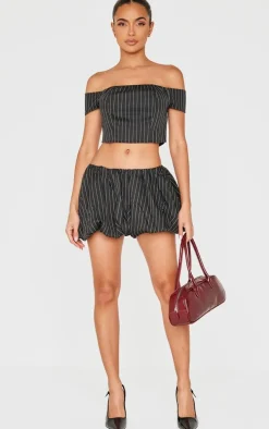 Black Pinstripe Woven Tailored Puff Ball Skirt