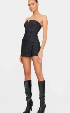 Black Pinstripe Woven Zip Front Skort Romper