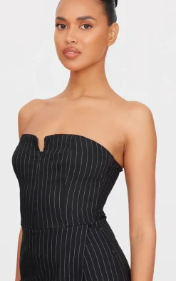 Black Pinstripe Woven Zip Front Skort Romper