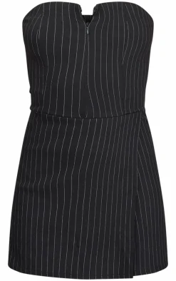 Black Pinstripe Woven Zip Front Skort Romper