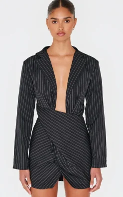 Black Pinstripe Wrap Detail Blazer Dress