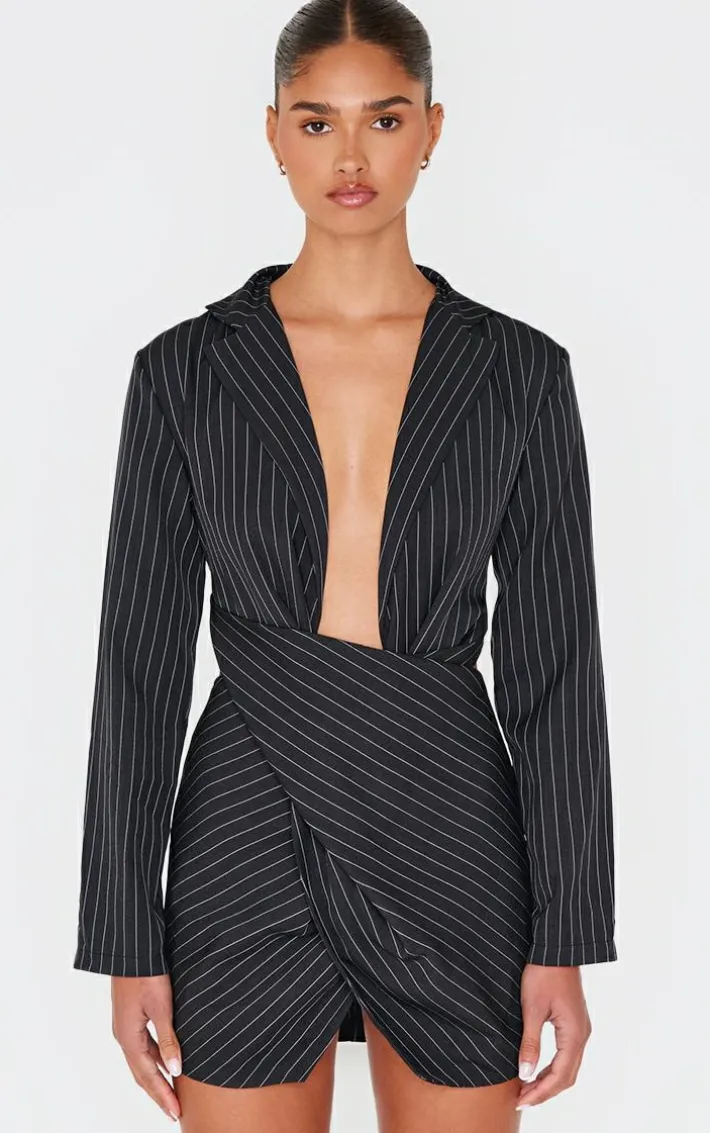 Black Pinstripe Wrap Detail Blazer Dress