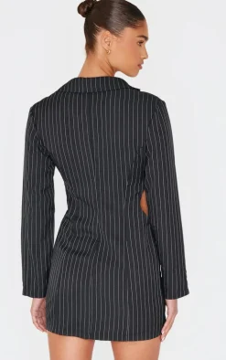 Black Pinstripe Wrap Detail Blazer Dress