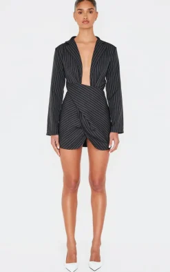 Black Pinstripe Wrap Detail Blazer Dress