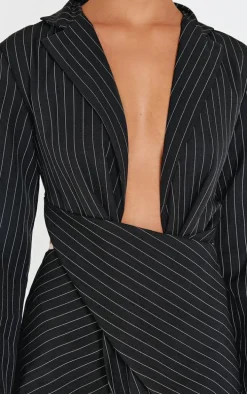 Black Pinstripe Wrap Detail Blazer Dress