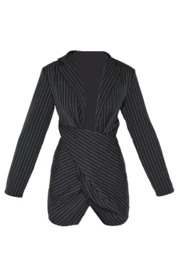 Black Pinstripe Wrap Detail Blazer Dress