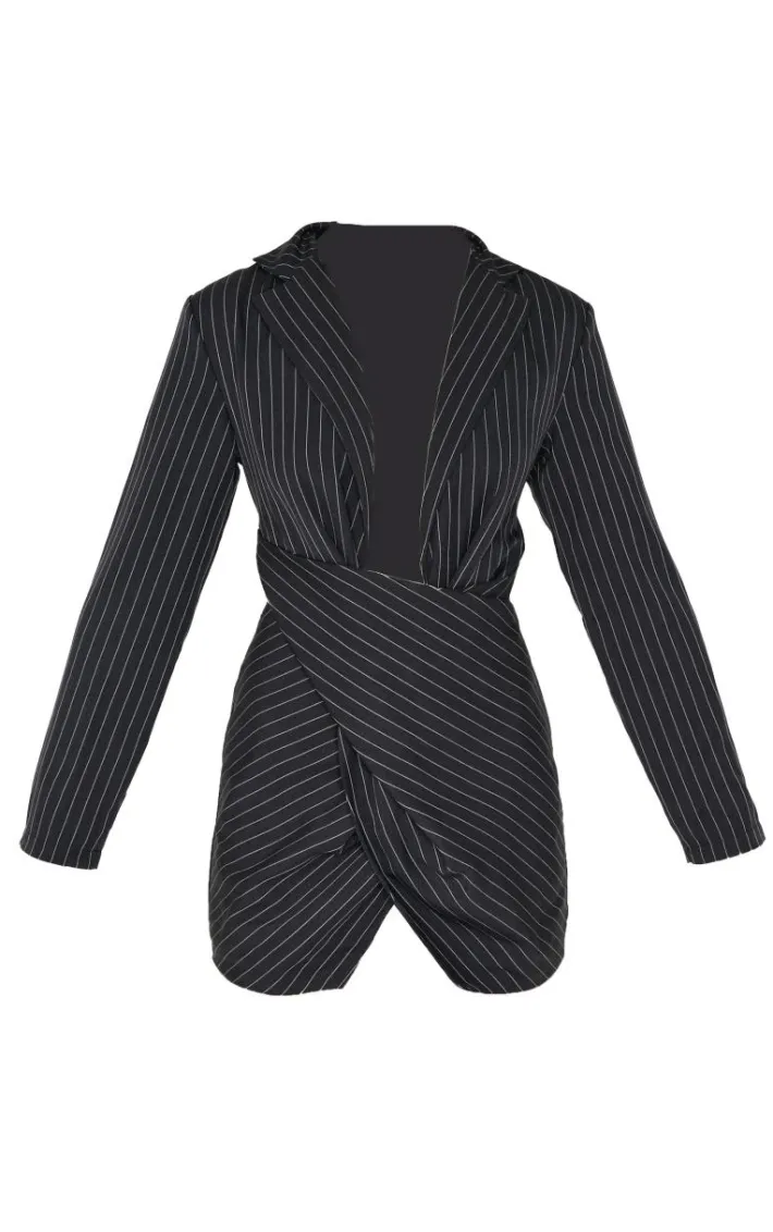 Black Pinstripe Wrap Detail Blazer Dress