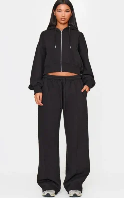 Black Pintuck Detail Drawstring Straight Leg Sweatpants