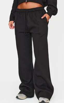 Black Pintuck Detail Drawstring Straight Leg Sweatpants