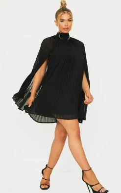 Black Pleated Cape High Neck Shift Dress