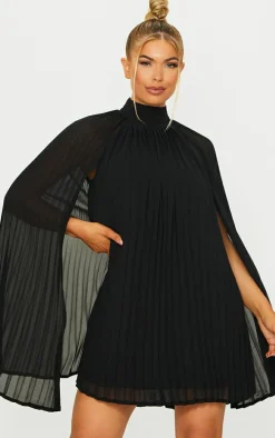 Black Pleated Cape High Neck Shift Dress