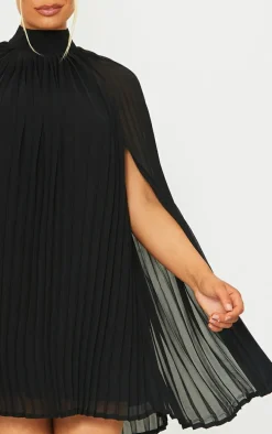 Black Pleated Cape High Neck Shift Dress
