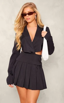 Black Pleated Cut Out Blazer Dress