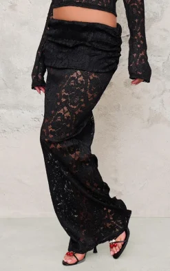 Black Pleated Lace Foldover Maxi Skirt