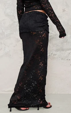 Black Pleated Lace Foldover Maxi Skirt