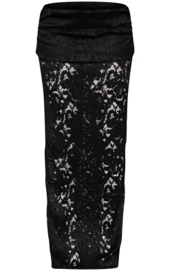 Black Pleated Lace Foldover Maxi Skirt