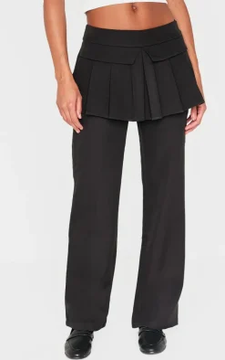 Black Pleated Skirt Overlay Detail Tailored Pants