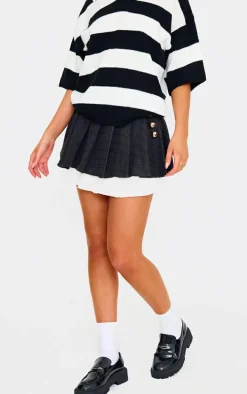 Black Pleated Textured Boucle Mini Skirt