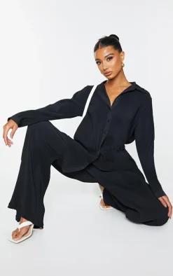 Black Plisse Button Front Oversized Shirt