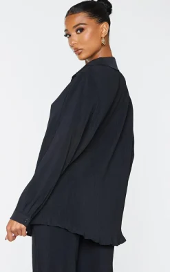 Black Plisse Button Front Oversized Shirt