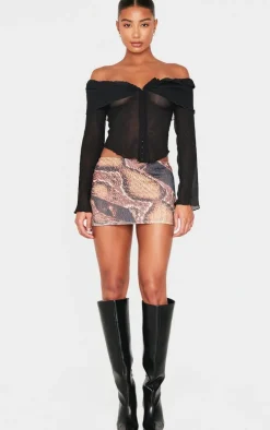 Black Plisse Chiffon Bardot Blouse