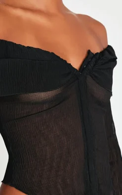 Black Plisse Chiffon Bardot Blouse