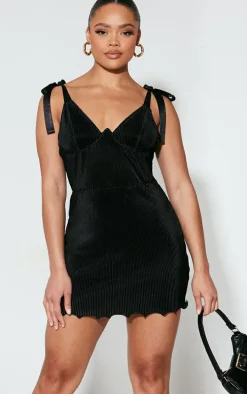 Black Plisse Cup Detail Tie Shoulder Shift Dress