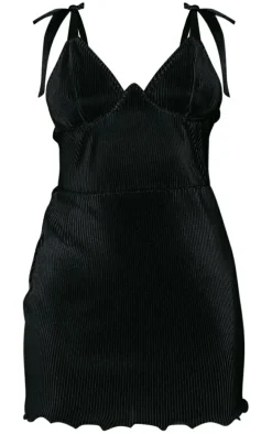 Black Plisse Cup Detail Tie Shoulder Shift Dress