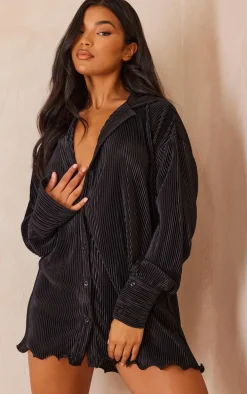 Black Plisse Frill Hem Shirt Dress