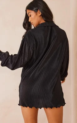 Black Plisse Frill Hem Shirt Dress