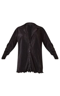 Black Plisse Frill Hem Shirt Dress