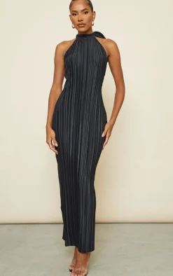 Black Plisse High Neck Low Back Maxi Dress