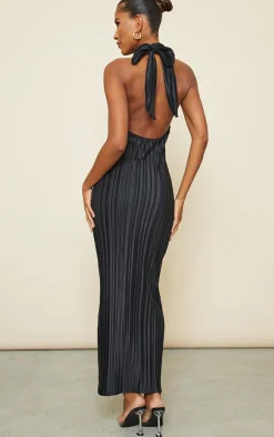 Black Plisse High Neck Low Back Maxi Dress