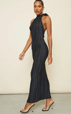 Black Plisse High Neck Low Back Maxi Dress