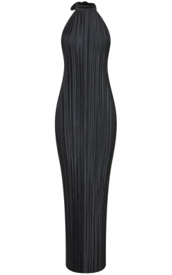 Black Plisse High Neck Low Back Maxi Dress