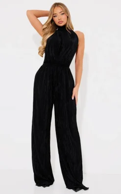 Black Plisse High Neck Scoop Back Wide Leg Jumpsuit