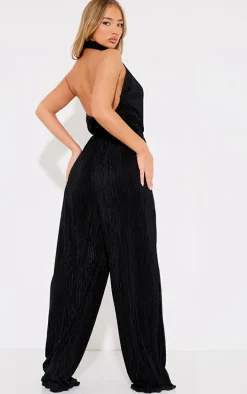 Black Plisse High Neck Scoop Back Wide Leg Jumpsuit