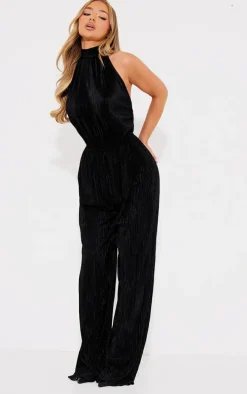Black Plisse High Neck Scoop Back Wide Leg Jumpsuit