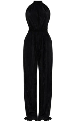Black Plisse High Neck Scoop Back Wide Leg Jumpsuit