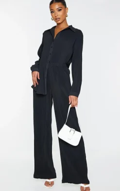 Black Plisse High Waisted Wide Leg Pants