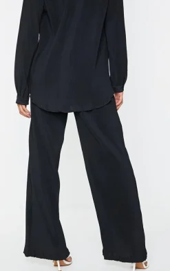 Black Plisse High Waisted Wide Leg Pants