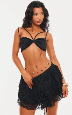 Black Plisse Knot Detail Strappy Crop Top