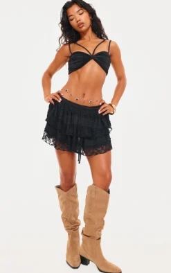 Black Plisse Knot Detail Strappy Crop Top