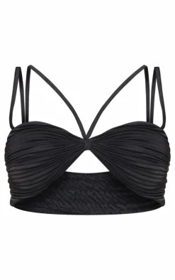 Black Plisse Knot Detail Strappy Crop Top