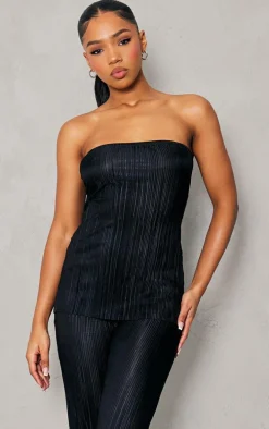 Black Plisse Longline Bandeau Top