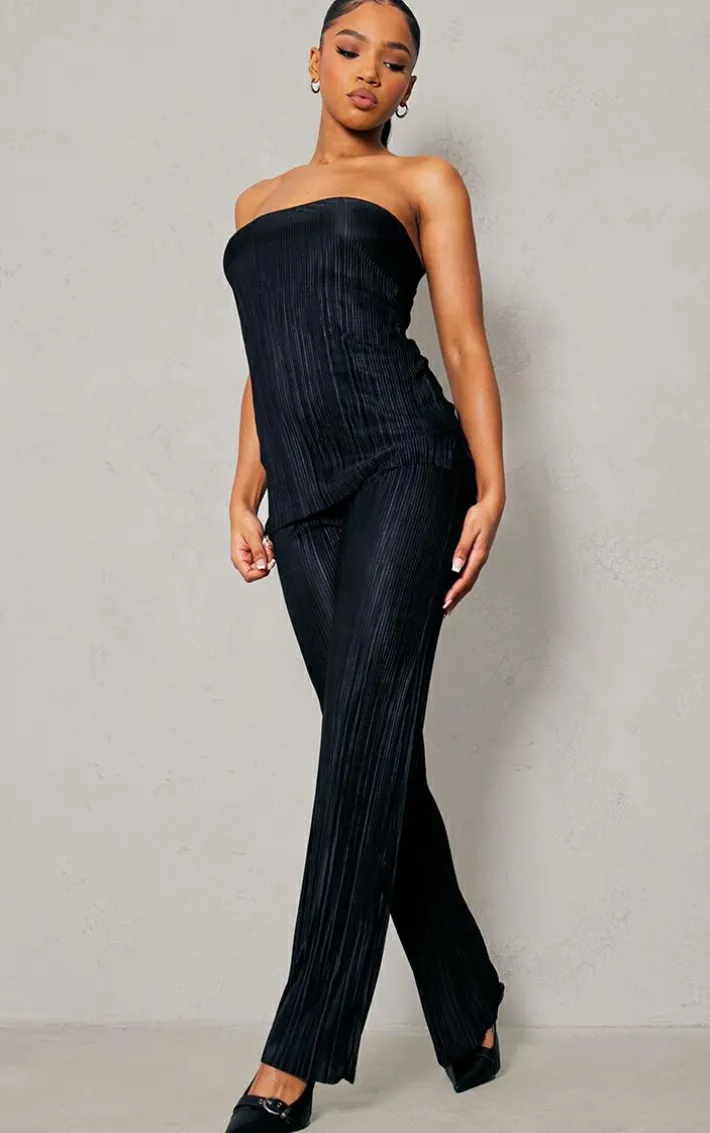 Black Plisse Longline Bandeau Top